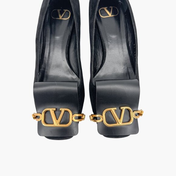 Valentino VLogo Black Suede Leather Block Heel Pumps Shoes Size 38.5 US 8.5 - Picture 3 of 15